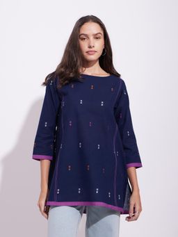 Pink Fort - Cotton Navy Blue Geometric Motif Top