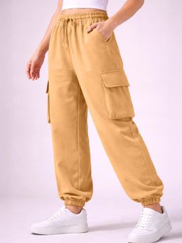 Nobero - Womens Solid Beige Oversized Cargo Joggers