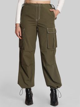 Bene Kleed - Womens Olive Loose Fit Pure Cotton Parachute Cargo Pant