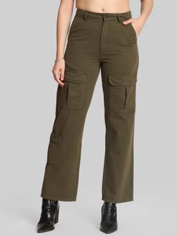 Bene Kleed - Womens Olive Mid Rise Straight Fit Long Casual Cargo Pant
