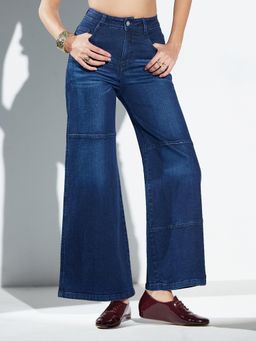 Miss Chase - Womens Dark Blue Wide Leg High Rise Stretchable Denim Jeans
