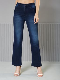 Miss Chase - Womens Navy Blue Wide Leg Mid Rise Stretchable Denim Jeans