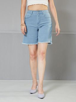 Miss Chase - Womens Light Blue Regular High Rise Stretchable Denim Shorts