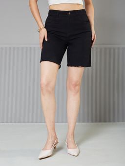 Miss Chase - Womens Black Regular High Rise Above Knee Stretchable Denim Shorts