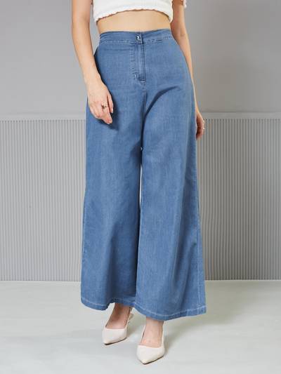 Womens Blue Flared Wide Leg High Rise Non Stretchable Denim Jeans