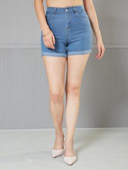 Miss Chase - Womens Blue Relaxed Fit Clean Look Mid Rise Light Weight Denim Shorts