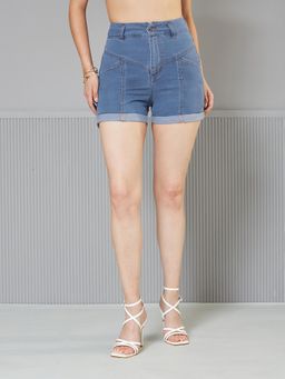 Miss Chase - Womens Blue Relaxed Fit High Rise Blue Denim Shorts