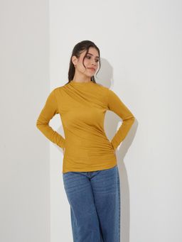 Miss Chase - Womens Golden Draped Neck Full Sleeve Polyester Top