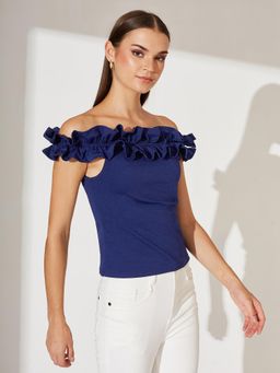 Miss Chase - Womens Navy Blue Off Shoulder Sleeveless Solid Gathered Bardot Top