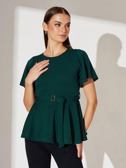 Miss Chase - Womens Green Solid Polyester Slim Fit Round Neck Short Sleeve Top