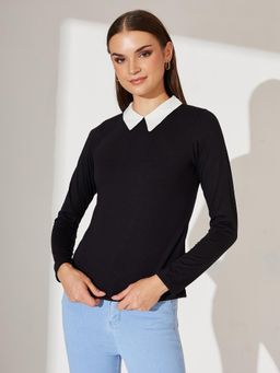 Miss Chase - Womens Black Collared Round Neck Full Sleeve Cotton Solid Buttoned Top