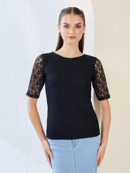 Miss Chase - Womens Black Boat Neck Lace Top