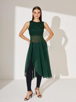 Miss Chase - Womens Forest Green Round Neck Sleeveless Solid Lace Overlaid Maxi Top