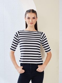 Miss Chase - Womens Black and White Boat Neck Half Sleeves Stripes Top