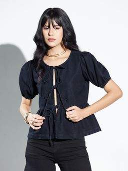 Miss Chase - Womens Black Round Neck Tie Up Peplum Regular Length Denim Top