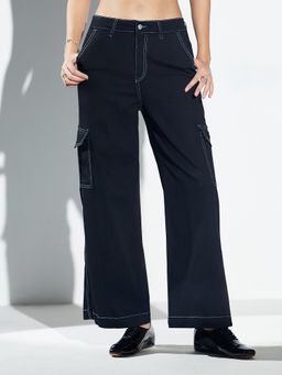 Miss Chase - Womens Black Acid Wash High Rise Wide Leg Cargo Denim Jeans