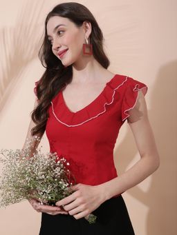Globus - Womens Red Flared Sleeves V Neck Ruffle Contrast Piping Detail Chiffon Top