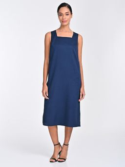 Saltpetre - Women Tencel Solid Navy Blue Square Neck Midi Dress