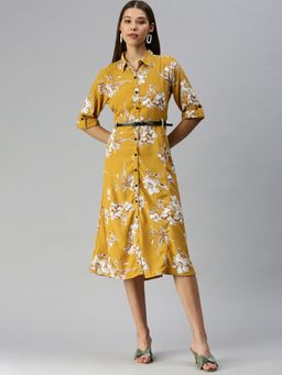 SHOWOFF - Women Floral Mustard Fit and Flare Dress