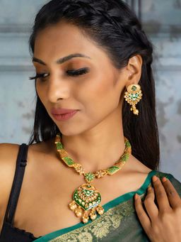 Priyaasi - Ethnic Gold & Green Floral Meenakari Jewellery Set