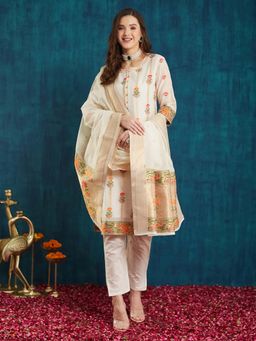 SERONA FABRICS - Off White Floral Three Fourth Sleeves Kurta Pant with Dupatta
