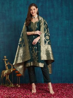 SERONA FABRICS - Green Floral Three Fourth Sleeves Kurta Pant with Dupatta