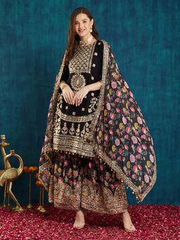 SERONA FABRICS - Black Embroidered Three Fourth Sleeves Kurta Sharara with Dupatta