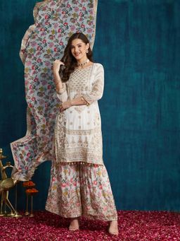 SERONA FABRICS - White Embroidered Three Fourth Sleeves Kurta Sharara with Dupatta