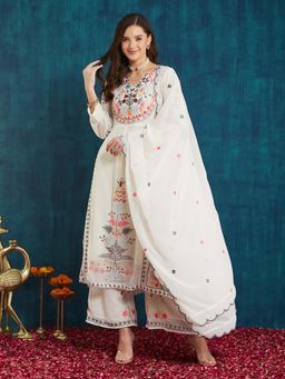 SERONA FABRICS - White Embroidered Three Fourth Sleeves Kurta Palazzo with Dupatta