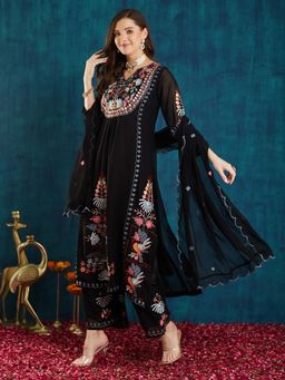 SERONA FABRICS - Black Embroidered Three Fourth Sleeves Kurta Palazzo with Dupatta