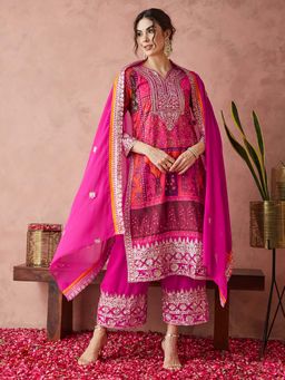 SERONA FABRICS - Pink Embroidered Three Fourth Sleeves Kurta Palazzo with Dupatta