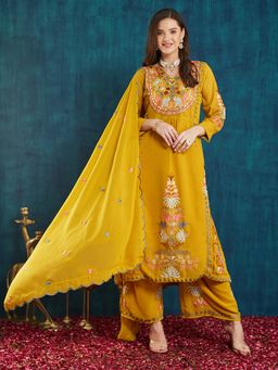 SERONA FABRICS - Yellow Embroidered Three Fourth Sleeves Kurta Palazzo with Dupatta