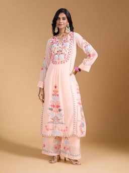 SERONA FABRICS - Peach Embroidered Three Fourth Sleeves Kurta Palazzo with Dupatta