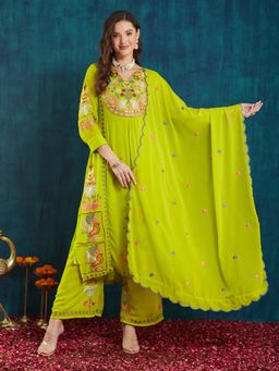 SERONA FABRICS - Green Embroidered Three Fourth Sleeves Kurta Palazzo with Dupatta