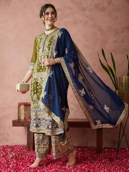 SERONA FABRICS - Olive Embroidered Three Fourth Sleeves Kurta Palazzo with Dupatta