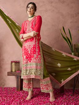 SERONA FABRICS - Pink Embroidered Three Fourth Sleeves Kurta Palazzo with Dupatta