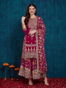 SERONA FABRICS - Pink Embroidered Three Fourth Sleeves Kurta Sharara with Dupatta