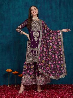 SERONA FABRICS - Wine Embroidered Three Fourth Sleeves Kurta Sharara with Dupatta