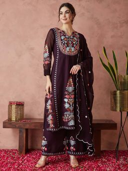 SERONA FABRICS - Wine Embroidered Three Fourth Sleeves Kurta Palazzo with Dupatta