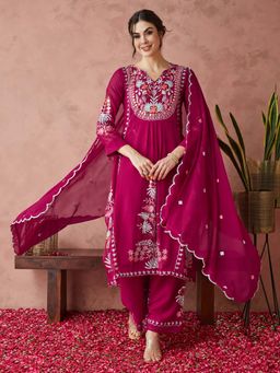 SERONA FABRICS - Pink Embroidered Three Fourth Sleeves Kurta Palazzo with Dupatta