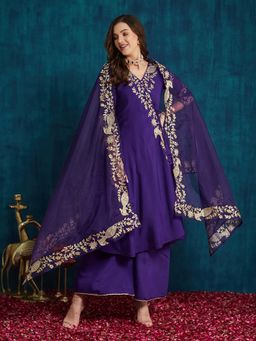 SERONA FABRICS - Purple Embroidered Three Fourth Sleeves Kurta Palazzo with Dupatta