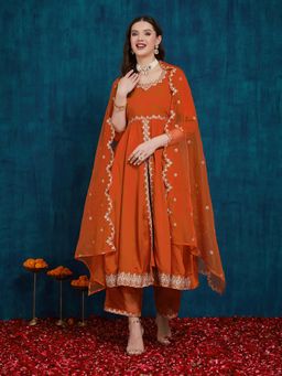 SERONA FABRICS - Rust Embroidered Three Fourth Sleeves Kurta Pant with Dupatta