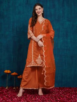 SERONA FABRICS - Rust Embroidered Three Fourth Sleeves Kurta Palazzo with Dupatta