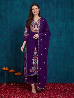 SERONA FABRICS - Purple Embroidered Three Fourth Sleeves Kurta Palazzo with Dupatta