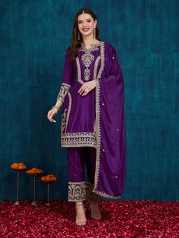 SERONA FABRICS - Purple Embroidered Three Fourth Sleeves Kurta Pant with Dupatta
