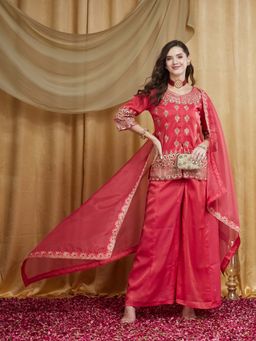 SERONA FABRICS - Pink Embroidered Three Fourth Sleeves Kurti Palazzo with Dupatta