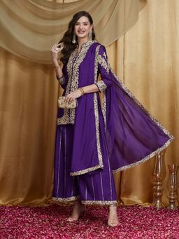 SERONA FABRICS - Purple Embroidered Three Fourth Sleeves Kurti Palazzo with Dupatta