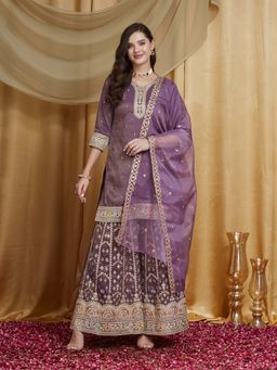 SERONA FABRICS - Lavender Embroidered Three Fourth Sleeves Kurta Sharara with Dupatta