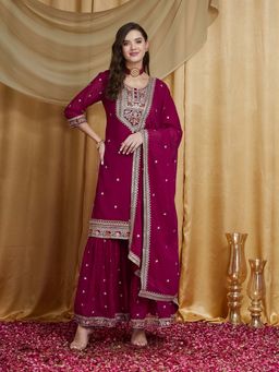SERONA FABRICS - Pink Embroidered Three Fourth Sleeves Kurta Sharara with Dupatta
