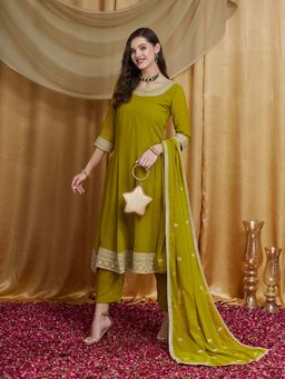 SERONA FABRICS - Olive Embroidered Three Fourth Sleeves Kurta Pant with Dupatta